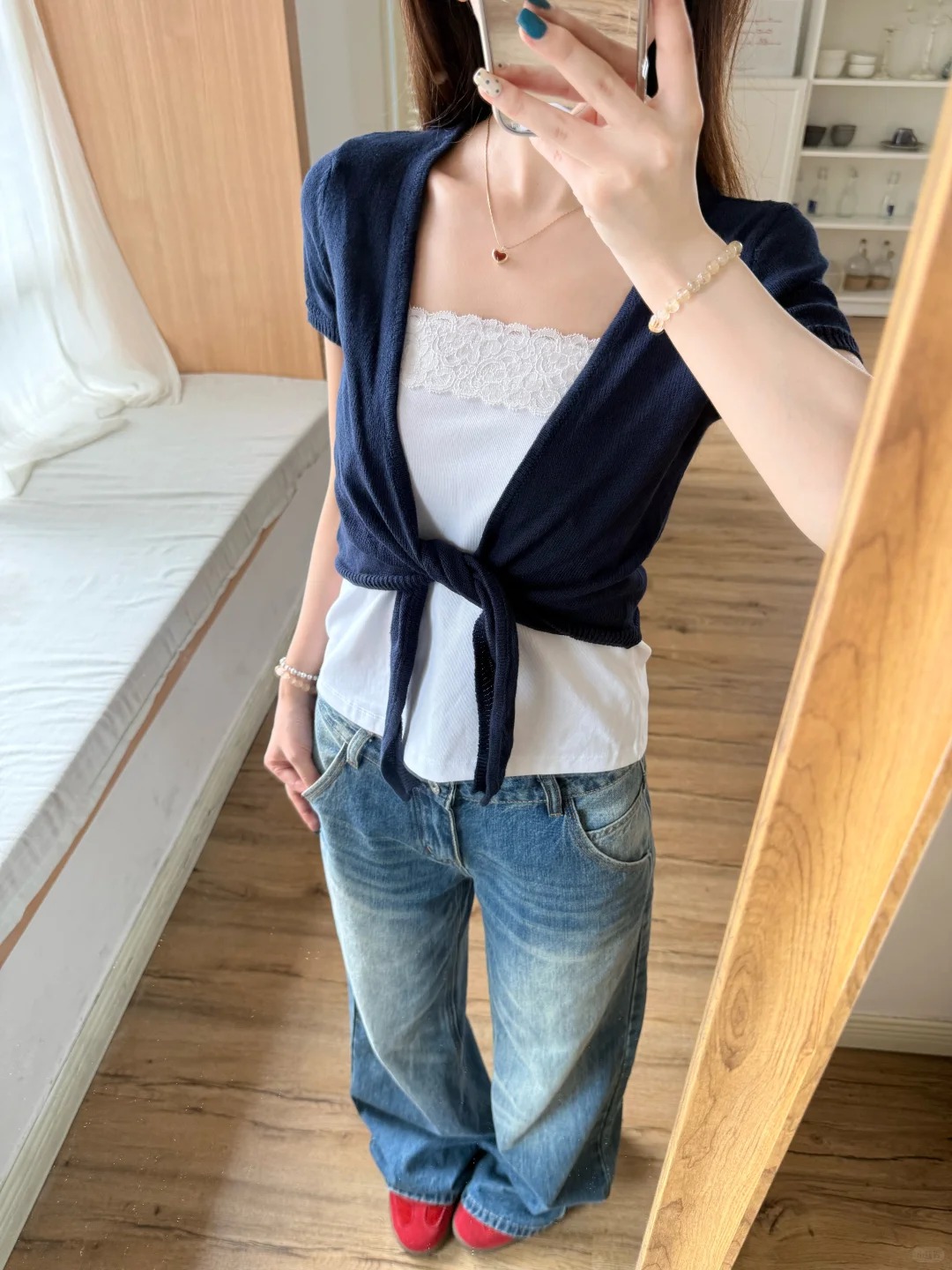Sewing V - Navy Lace-up Cardigan Women Cotton Slim